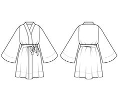 kimono dress pattern sketch Traditional Kimono Pattern Sewing, Fitted Kimono Pattern, Sewing Patterns Free Kimono, 50s Kimono Dress, Silk Robe Sewing Pattern Free, Kimono Wrap Dress Pattern Free, Sewing Kimono Pattern, Kimono Long Sleeve Pattern, Free Kimono Pattern Sewing