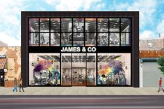 an artist's rendering of james & co storefront with people walking in front