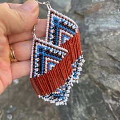 Welcome to my shop ⭐rug-patterned fringe earrings. Native American Inspired Seed Bead Earrings for Valentine's Day. Blue-brown earrings. Western jewelry.Seed Beaded Earrings Tassel Beaded Earrings, Glamorous Earrings, Western Jewelry, Cowgirl, Boho Style, Western Style, Ear Art, Ready to Ship.Seed bead fringe. ⭐The design of this earring belongs to me. I spent hours not only on the beadwork, but also on its design. ⭐I have embroidered this tasseled dangling earring with quality check beads and s Traditional Beaded Earrings With Fringe For Festivals, Traditional Beaded Fringe Earrings For Festival, Southwestern Beaded Earrings With Tassels For Festival, Southwestern Multicolor Fringe Earrings, Southwestern Tassel Earrings For Festivals, Southwestern Beaded Fringe Dangle Earrings, Southwestern Fringe Dangle Earrings, Southwestern Style Beaded Fringe Dangle Earrings, Southwestern Fringe Earrings For Festivals