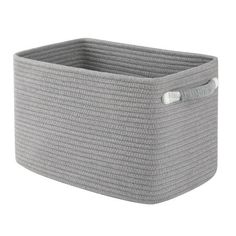 a gray storage basket with handles