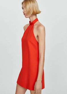 Halter-neck open-back dress -  Women | Mango USA Diner Outfits, Red Halter Dress, Halterneck Mini Dress, Short Design, Flowy Fabric, Open Back Dresses, Dinner Outfits, Brunch Outfit, Dress Shapes