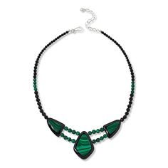 Jay King Sterling Silver Black Chalcedony and Malachite Inlay Necklace  Gorgeous, green malachite blends beautifully with Midnight Black chalcedony in this handcrafted gemstone necklace that's sure to add a touch of chic, sophisticated style to any ensemble. From Jay King.       Necklace approx. 18"L x 1/4"W with 2-3/4" extender     Drop approx. 1-11/16"L x 1-3/16"W      Stamped .925     Hook closure     Gemstone necklace drape has three freeform stations comprised of inlaid green malachite in b Artisan Jewelry With Natural Malachite Stones, Artisan Malachite Jewelry With Natural Stones, Malachite Necklace With Natural Round Beads, Malachite Natural Stones Round Beads Necklace, Malachite Gemstone Necklace With Round Beads, Malachite Gemstone Necklaces With Round Beads, Malachite Gemstone Round Beads Necklace, Green Malachite Jewelry With Gemstone Beads, Green Malachite Gemstone Bead Jewelry