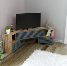 a flat screen tv sitting on top of a wooden shelf next to a white rug