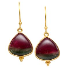 Two 12mm wide drop shaped watermelon tourmaline cabs with greens at the bottom merging into a deep reddish pink at the top dangle simply on safety-clasp 18K gold ear wires with a tiny triple "jawan" granulated accent beneath. Simple, classic, elegant, - who doesn't love watermelon tourmaline! Shaped Watermelon, Watermelon Tourmaline, Classic Elegant, Wire Earrings, Ear Wires, Melon, Tourmaline, Watermelon, 18k Gold