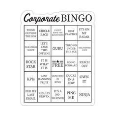 a black and white sticker with the words corporate bingo written in different languages on it