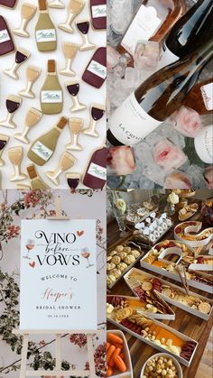 a table filled with lots of different types of food and wine bottles on top of it