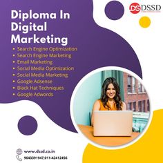 a woman sitting in front of a laptop computer on top of a wooden table with the words diploma in digital marketing