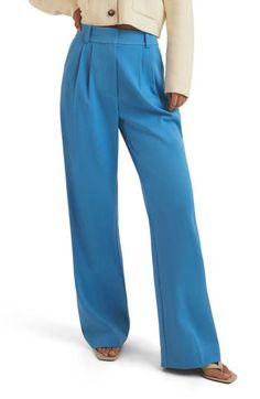 Carefully tucked pleats accent polished workday pants punctuated with elongating front seams and wide legs. 34" inseam; 22" leg opening; 13 1/2" front rise; 17 1/2" back rise (size 8) Zip fly with hook-and-bar closure Front slant pockets; back welt pockets 74% polyester, 22% rayon, 4% elastane Dry clean or machine wash, line dry Imported Modern High Waist Blue Pants, Modern Blue High-waist Pants, Modern Blue Spring Pants, Modern Blue Bottoms For Business Casual, Modern Wide Leg Blue Pants, Modern Blue Wide Leg Pants, Modern Business Casual Blue Bottoms, Modern Blue Business Casual Bottoms, Modern Blue Bottoms For Fall