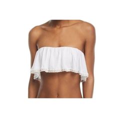 Pilyq Platinum Water Lilly Bikini Swim Top Color: White Gold Size: Large Whipstitched Pattern Flounced Strap Strapless Hand Wash Only White Ruffled Tankini For Summer, White Ruffled Tankini, White Sleeveless Ruffled Tankini, White Ruffled Crop Top For Vacation, White Bandeau Swimwear For Pool, White Strapless Swimwear For Sunbathing, White Ruffled Swimwear For Beach Party, White Bandeau Tankini For Beachwear, Chic White Swimwear With Ruffles