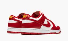 The Nike Dunk Low “USC” is a colorway of the retro basketball shoe that unofficially salutes the USC Trojans college basketball team.  Based on the Trojans’ team uniform colors, the “USC” features a white leather base with contrasting Gym Red-colored leather overlays and Swoosh branding.  Gold “Nike” detailing is embroidered on the heel.  Additional gold accenting can be found on the “Nike” and Swoosh logos on the white nylon tongue tag.  A white rubber midsole and Gym Red outsole finish off the Adidas Sl 72, White Gym, Retro Basketball Shoes, Nike Branding, Sneaker Design, Yellow Nikes, Nike Gold, Exclusive Sneakers, Usc Trojans