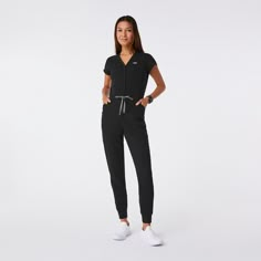 Women’s Jane V-Neck Jogger ScrubJumpsuit™ - Black · FIGS Fig Scrubs, Black Figs, Vest Layering, Black Fig, Figs Scrubs, Blue Scrubs, Lab Coats, Top Graphic Tees, Easy To Love