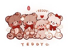 three teddy bears with bow ties sitting next to each other and the words teddy on it