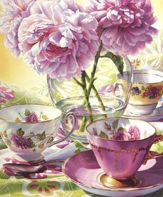 a painting of pink flowers in tea cups and saucers