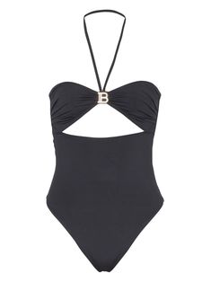 black cut-out detailing gold-tone hardware logo plaque halterneck bandeau style one-piece design slip-on style Be mindful to try on swimwear over your own garments. Hardware Logo, Cut Out One Piece, Swimsuit Black, Be Mindful, City Dress, One Piece Outfit, Summer Beach Wear, Black Swimsuit, Ballet Flat Shoes