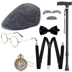 PRICES MAY VARY. The old man costume accessories set includes: 1*beret hat, 1*fake eyebrows and beard, 1*bow tie, 1*Y-back elastic suspender, 1*glasses, 1*fake pipe, 1*vintage pocket watch（not actually work）and 1*cane. What you see is what you get. Newsboy hat: comfortable and one size fits most, bow tie is made of smooth polyester, Y-back suspender is elastic and easy to wear, pipe and cane are made of plastic material, pocket watch is made of alloy, glasses is a accessory and has no degree. Th Luxury Men's Top Hat For Formal Occasions, Kids Old Man Costume, 1920s Mens Hats, 1920s Mens Costume, Old Man Costume, Gangster Costume, Fake Eyebrows, Gangster Costumes, Gatsby Accessories