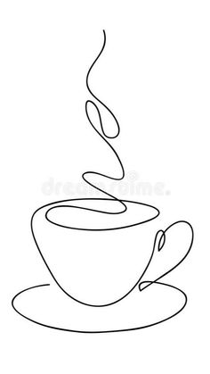 a cup of coffee with steam coming out of the top and saucer, on a white background