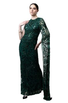 Emerald green net padded gown with a waterfall sleeve and sequins hand embroidery. - Aza Fashions Emerald Green Gown, Gown For Women, Gown Pattern, Green Gown, Ladies Gown, Green Sequins, Gowns Online, Aza Fashion, Emerald Green