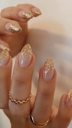 Wedding Nails Glitter, Gold Glitter Nails, Rose Gold Nails, Thanksgiving Nails, Sparkly Nails, Baby Boomer, Xmas Nails, Prom Nails