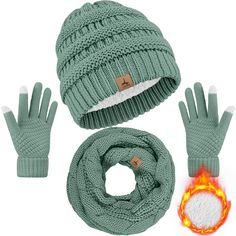 a green hat, scarf and gloves are shown with flames coming out of the mittens