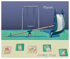 an animated image of a playground set with swings and slides for children to play on