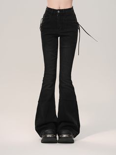 Step up your fashion game with these trendy flared jeans that are sure to turn heads. Designed with a slight flare at the bottom, these jeans offer a flattering silhouette that elongates your legs. The standout feature is the criss-cross drawstring details on both sides of the hips, adding a unique and stylish touch to your outfit. Perfect for casual outings or a night out, these jeans are versatile and comfortable.   Please note, the price includes only one pair of pants. SizeSMLXLWaist57616569 Edgy Spring Wide Leg Flare Jeans, Edgy Wide Leg Flare Jeans For Spring, Spring Edgy Wide Leg Flare Jeans, Trendy Fall Flare Jeans With Flared Hem, Trendy Flared Hem Jeans For Fall, Edgy High Waist Flare Jeans For Fall, Edgy Wide Leg Flare Jeans, Black Flare Jeans With Flared Hem For Fall, Edgy Flare Jeans For Fall