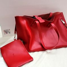 Large Red Colab Tote With Change Purse Attached. Genuine Leather. Definitely A Statement Piece ! Luxury Large Capacity Red Shoulder Bag, Red Satchel With Large Capacity For On-the-go, Red Large Capacity Satchel For On-the-go, Large Capacity Red Satchel For On-the-go, Red Bags With Large Capacity For Everyday Use, Red Leather Handle Pouch Bag, Red Large Capacity Shoulder Bag For On-the-go, Large Capacity Red Shoulder Bag For On-the-go, Red Top Handle Shoulder Bag For Everyday