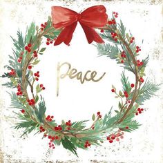 a christmas wreath with the word peace written on it and a red bow in the middle