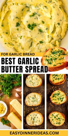 the best garlic butter spread recipe for garlic bread is shown in this collage with text overlay