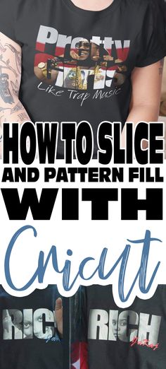 a woman wearing a black shirt with the words how to slice and pattern fill with circuit