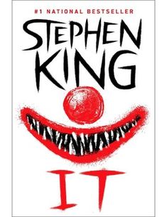 the cover of stephen king's it, with an evil face and red teeth