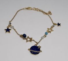 Material Alloy Adjustable Dangle Star Charm Jewelry, Adjustable Dangle Jewelry With Star Charm, Blue Star Charm Bracelet, Celestial Bangle Bracelets For Gift, Adjustable Metal Bracelet With Star Charm, Celestial Star Charm Bracelet Gift, Celestial Charm Bracelet With Star Charm As Gift, Metal Jewelry With Star Charm, Space-themed Dangle Jewelry Gift