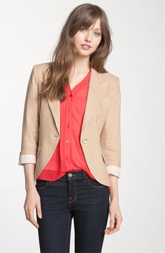 NORDSTROM: Gibson Linen One-Button Blazer Red Jeans Outfit, Beige Blazer Outfit, Cute Blazers, Coral Blouse, Tan Blazer, Beige Blazer, Cute Jackets, Casual Blazer