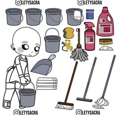 the cartoon character is cleaning up his house with buckets and mop, gloves