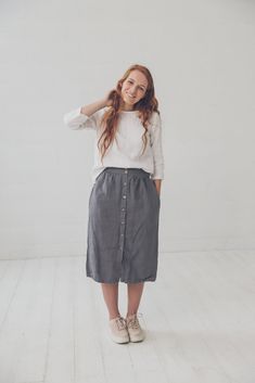 "DETAILS * High waisted linen skirt * Two side pockets and nice buttons at the front * Feel comfortable with elastic band at the back * The knee length will make you feel elegant * Made from soft wash medium weight (185 gsm) 100 % European linen fabric * Height of the model is 165 cm (5′ 5″) and she is wearing skirt in size XS/S * Color - solid gray. Please choose another color and size on the right * Product number: SK03 CARE LABEL * machine wash gentle (40 C/104 F) * dry gentle on low heat * w Cheap Knee-length Skirt With Elastic Waistband, Cheap High Waist Light Wash Skirt, Linen Accessories, Skirt High Waist, Cotton Clothes, Label Machine, Linen Skirt, Linen Top, Linen Clothes