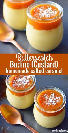 butterscotch pudding custard homemade salted caramel sauce in small jars