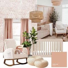 a baby's room with pink and white decor, including a crib, rocking chair