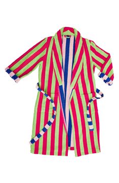 Designer Ellen Van Dusen doubles down on her love of stripes with this cotton-terry robe playfully patterned with a contrasting interior colorway and tie. 46" length (size Medium) Shawl collar Front patch pockets Removable tie belt 100% cotton Machine wash, tumble dry Made in Portugal