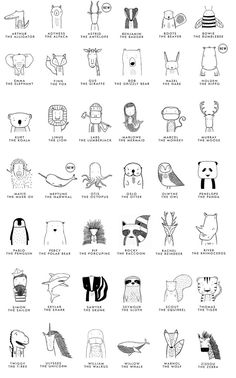 an illustrated poster with different types of animals and their names in black ink on white paper