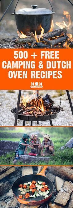 camping and dutch oven cooking over an open fire with the words 500 + free camping & dutch oven recipes