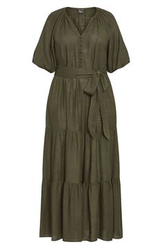 A linen-kissed maxi features rows of ruffles and the perfection of a pair of pockets. 54" length (size S/16) Button half placket Band collar Elbow-length sleeves Side-seam pockets Removable sash 80% viscose, 20% linen Machine wash, line dry Imported