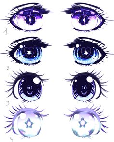 four different eyes with long eyelashes and stars on the bottom one eye has blue, purple and