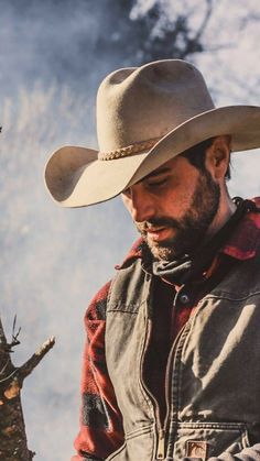 Man Wearing Cowboy Hat, Cowboy Hat Aesthetic Men, Cowboy Hat Reference, Western Portrait, Best Cowboy Hats, Male Cowboy, Ranch Cowboy, Mens Western Wear, Unique Baby Boy Names