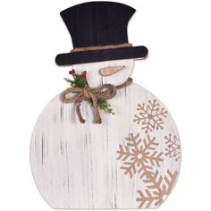 a wooden snowman with a black hat and bow tie on it's head