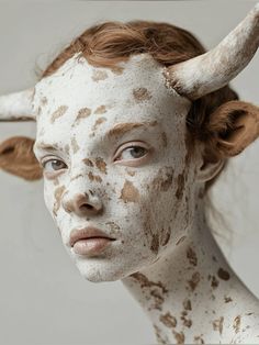 a woman with white and brown paint on her face is posing for the camera while she has horns in her hair