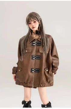 Vintage Oversized Leather Jacket – Pastel Kitten Brown Leather Punk Outerwear, Edgy Brown Streetwear Outerwear, Edgy Brown Outerwear For Streetwear, Oversized Leather Jacket, Rash Guard Swimwear, Vintage Leather Jacket, Brown Leather Jacket, Moda Vintage, Solid Tops