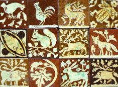 several different types of animal designs on brown and white tiles