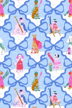 a blue and pink pattern with bears in the snow