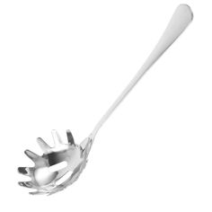 a silver spoon with a metal handle on a white background, that is shaped like a hand