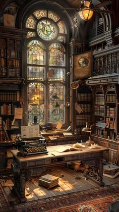 an old fashioned desk in front of a large stained glass window with books on it