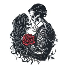 a skeleton hugging a woman with a rose in her hand